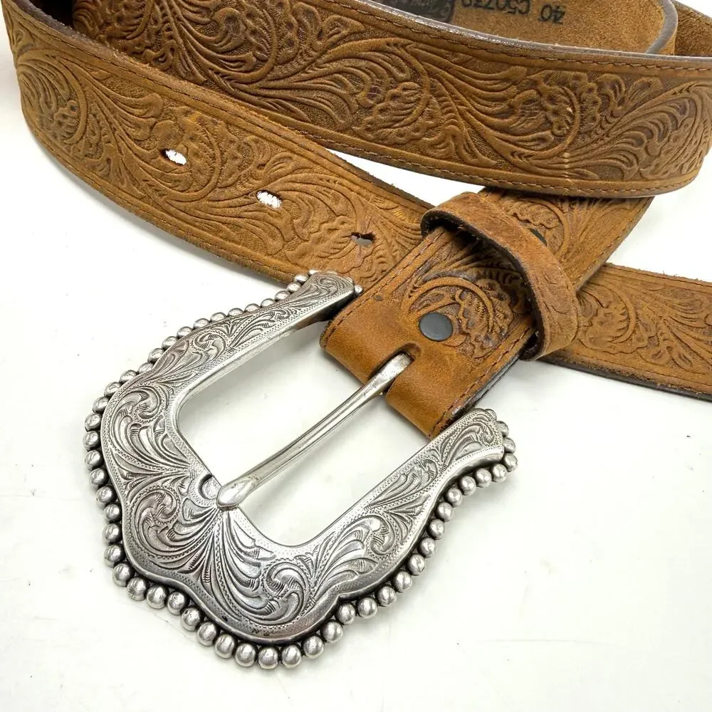 Tony Lama Layla Western Belt 40 Tooled Brown Leather Ornate Oversized Buckle